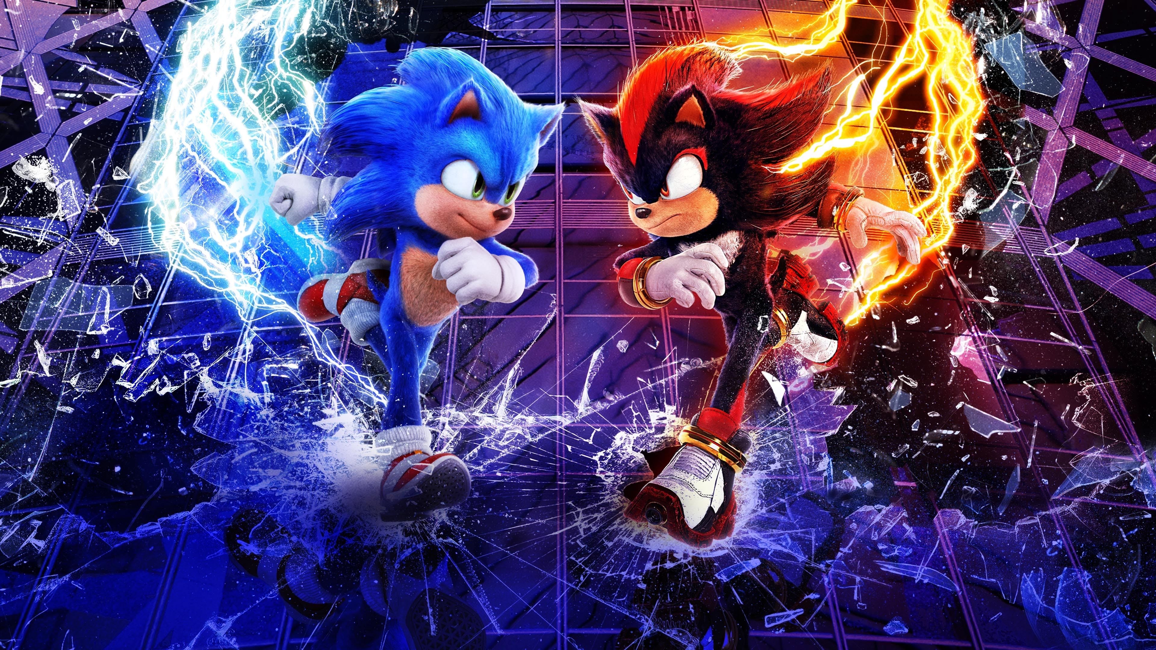 Sonic und Shadow rennen sich in zersplitterndem Glas und elektrischer Energie entgegen.