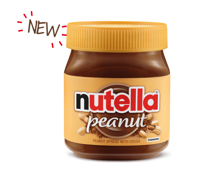 Neues Nutella-Glas mit Erdnussgeschmack und gelbem Deckel auf weißem Hintergrund.