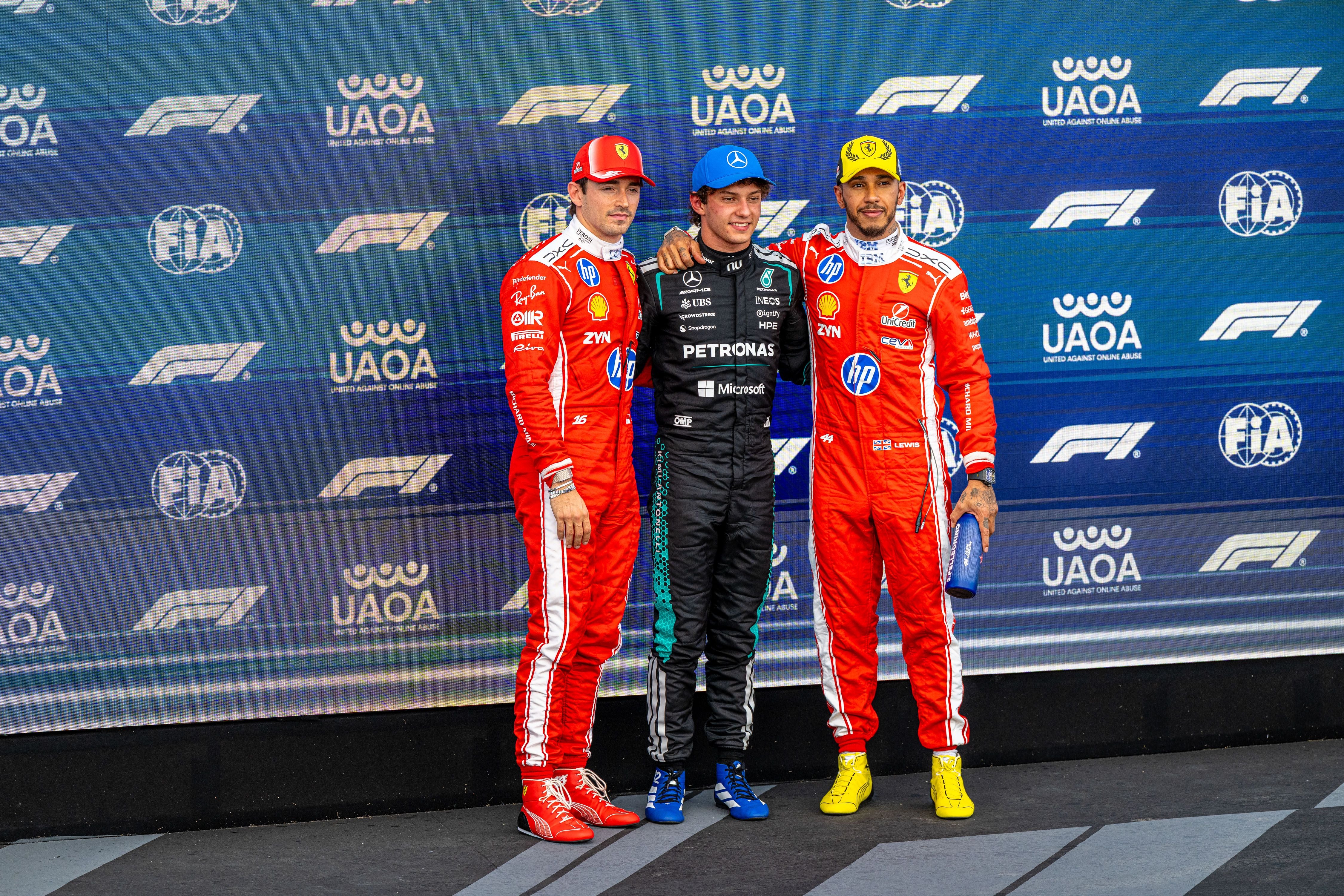 Andrea Kimi Antonelli, Charles Leclerc, and Lewis Hamilton at the Formula 1 Pirelli British Grand Prix 2026, at Circuit of Silverstone in Silverstone, United Kingdom, on July 4, 2026. (Photo by Paul Foster/Alessio Morgese/NurPhoto via Getty Images)
