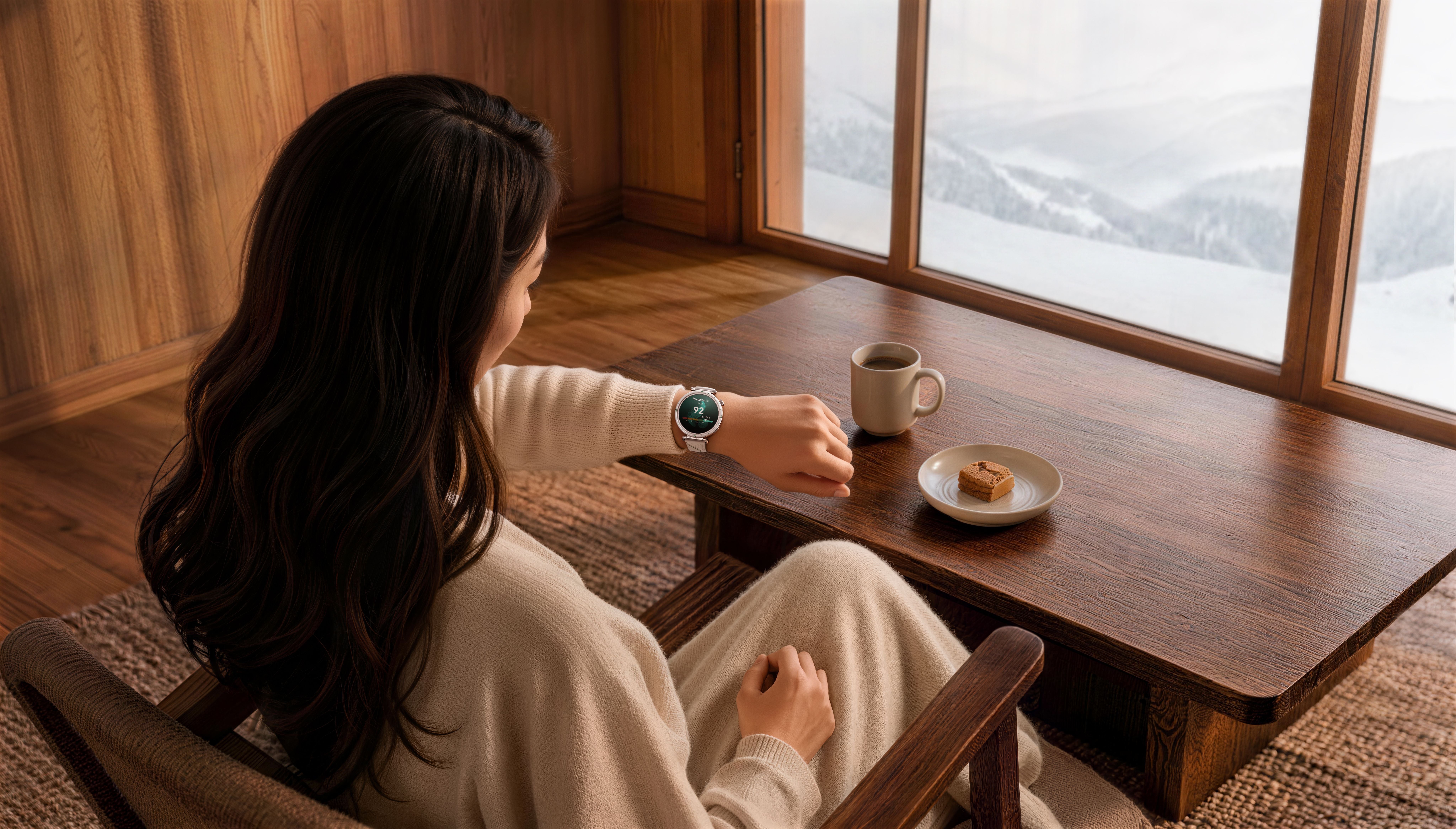 Frau sitzt am Tisch, trägt eine HUAWEI WATCH GT 7 und trinkt Kaffee vor winterlicher Landschaft.