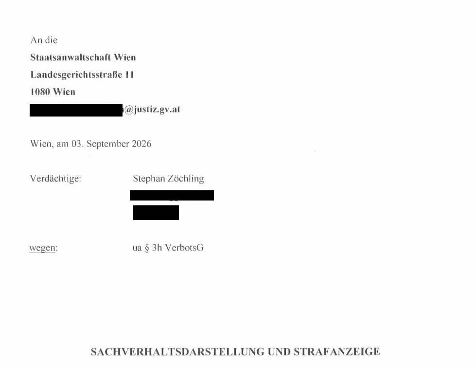 Briefkopf eines Schreibens an die Staatsanwaltschaft Wien mit teils geschwärzten Daten.