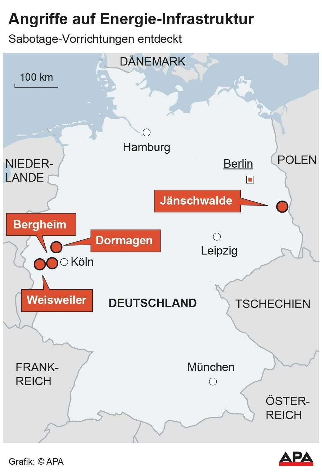 Karte von Deutschland mit markierten Orten von Sabotage an Energie-Infrastruktur.