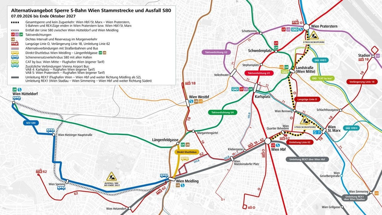 Karte zeigt Umleitungen und Ersatzverkehr bei Sperre der S-Bahn Stammstrecke Wien 2026–2027.