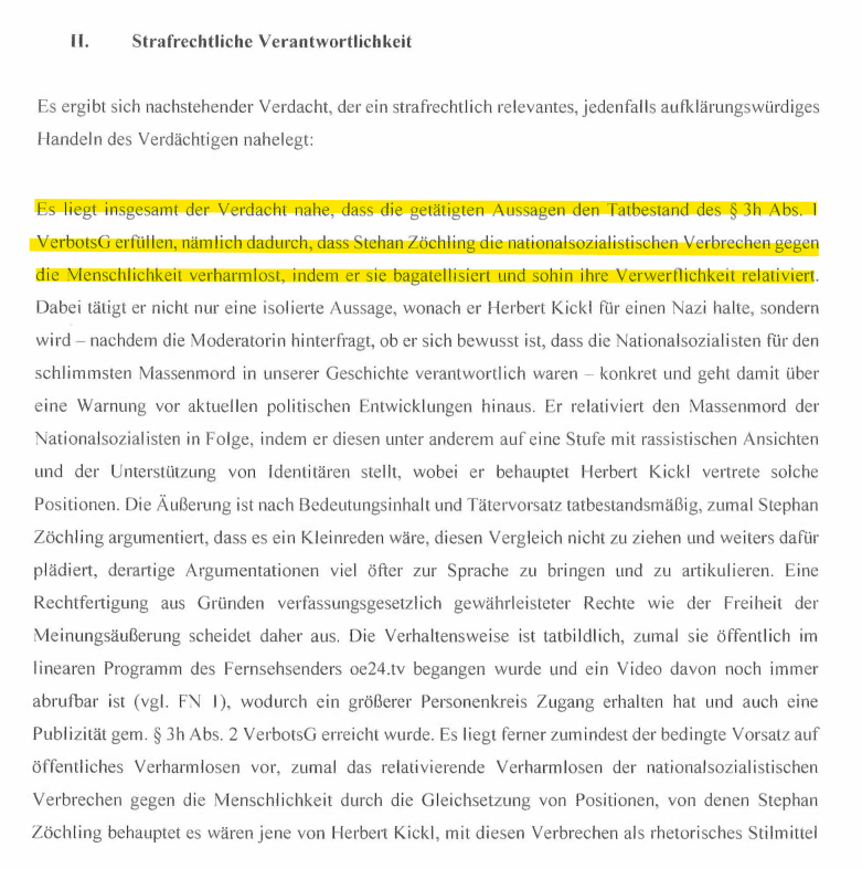 Ein Dokument mit markiertem, gelbem Text im Abschnitt zur strafrechtlichen Verantwortlichkeit.