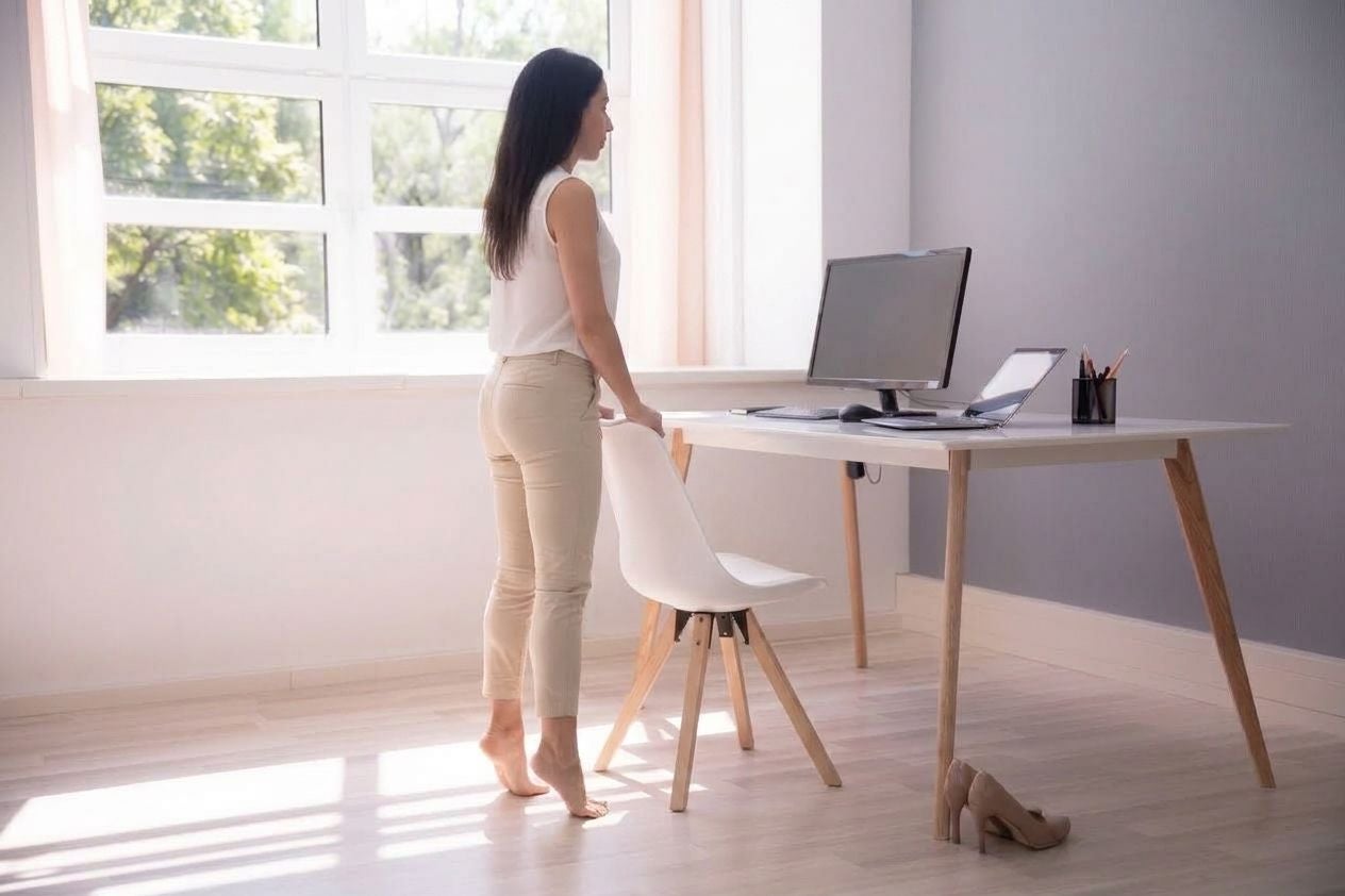 Frau steht barfuß am Schreibtisch vor Computer und Stuhl in hellem Büro.