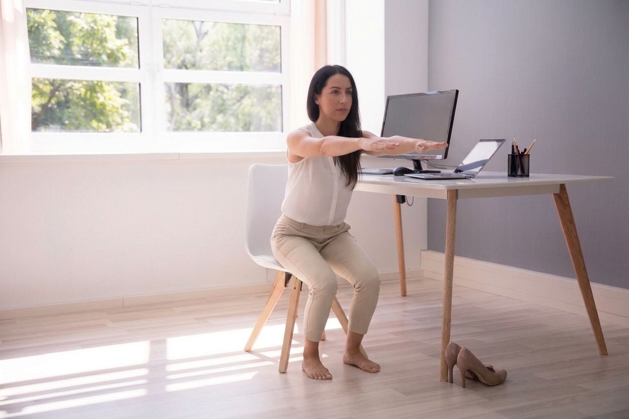 Frau macht Fitnessübung im Sitzen vor ihrem Schreibtisch im Homeoffice, Schuhe stehen daneben.