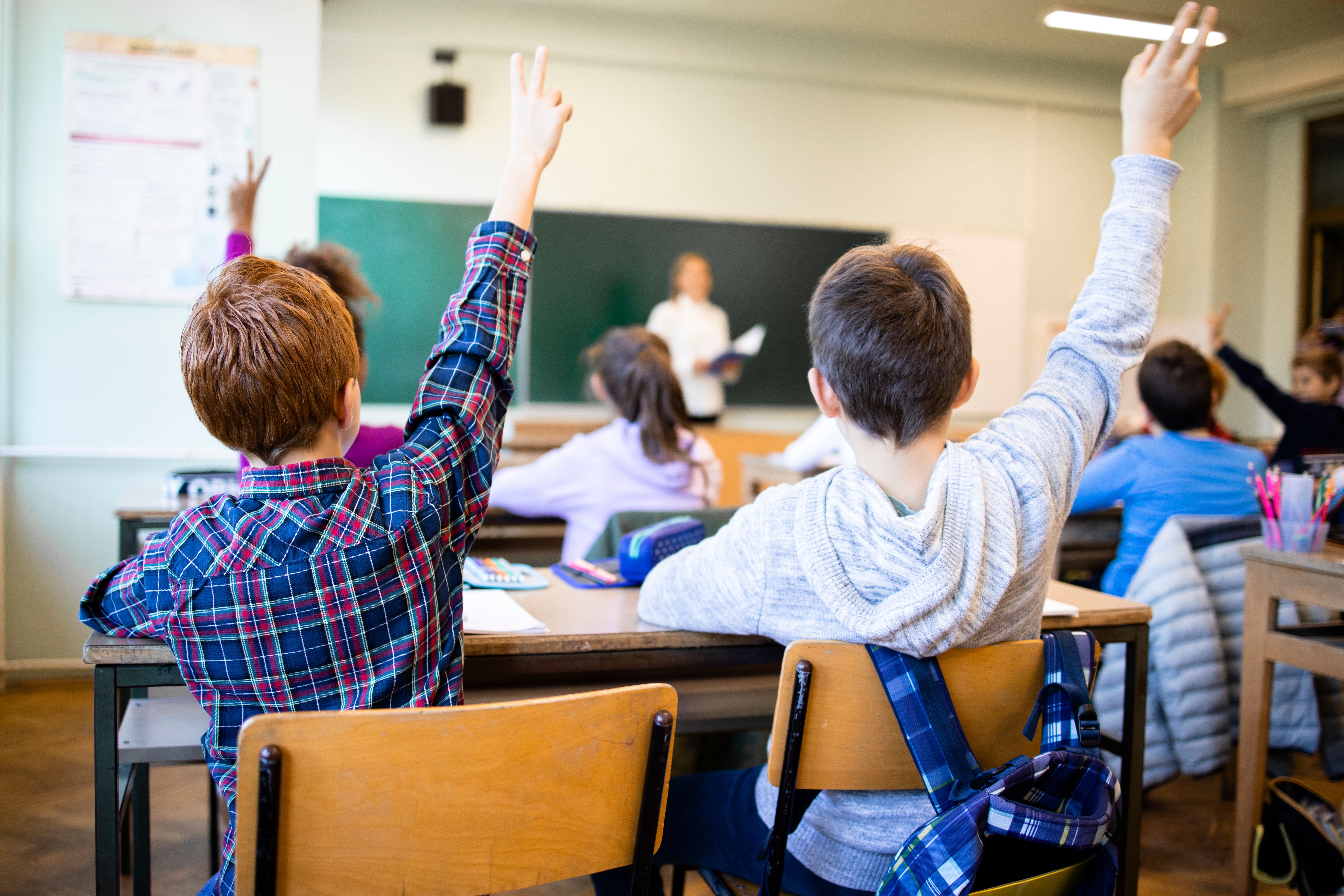 Schulkinder sitzen im Klassenzimmer und melden sich mit erhobenen Händen beim Unterricht.