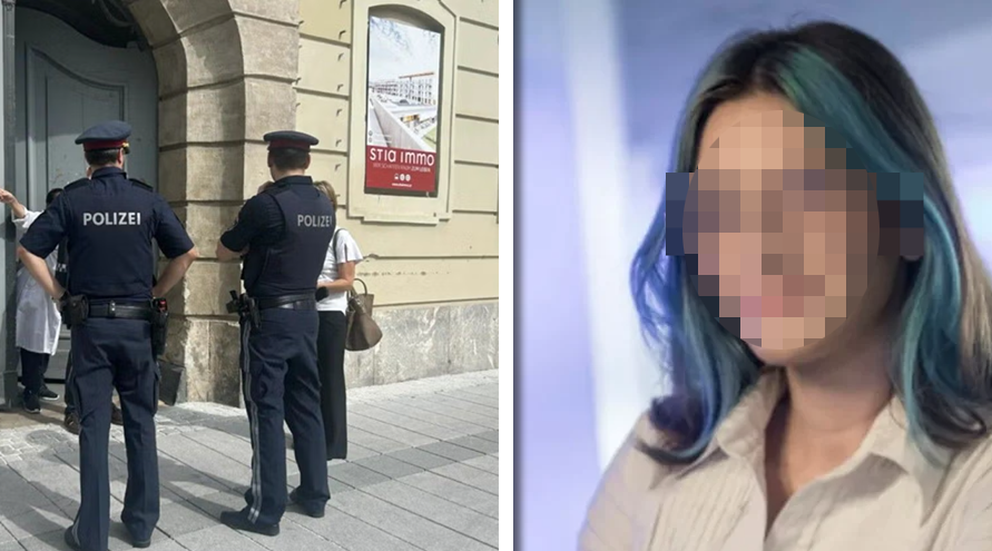 Zwei Polizisten stehen vor einem Gebäude; daneben ein verpixeltes Porträt einer Frau.