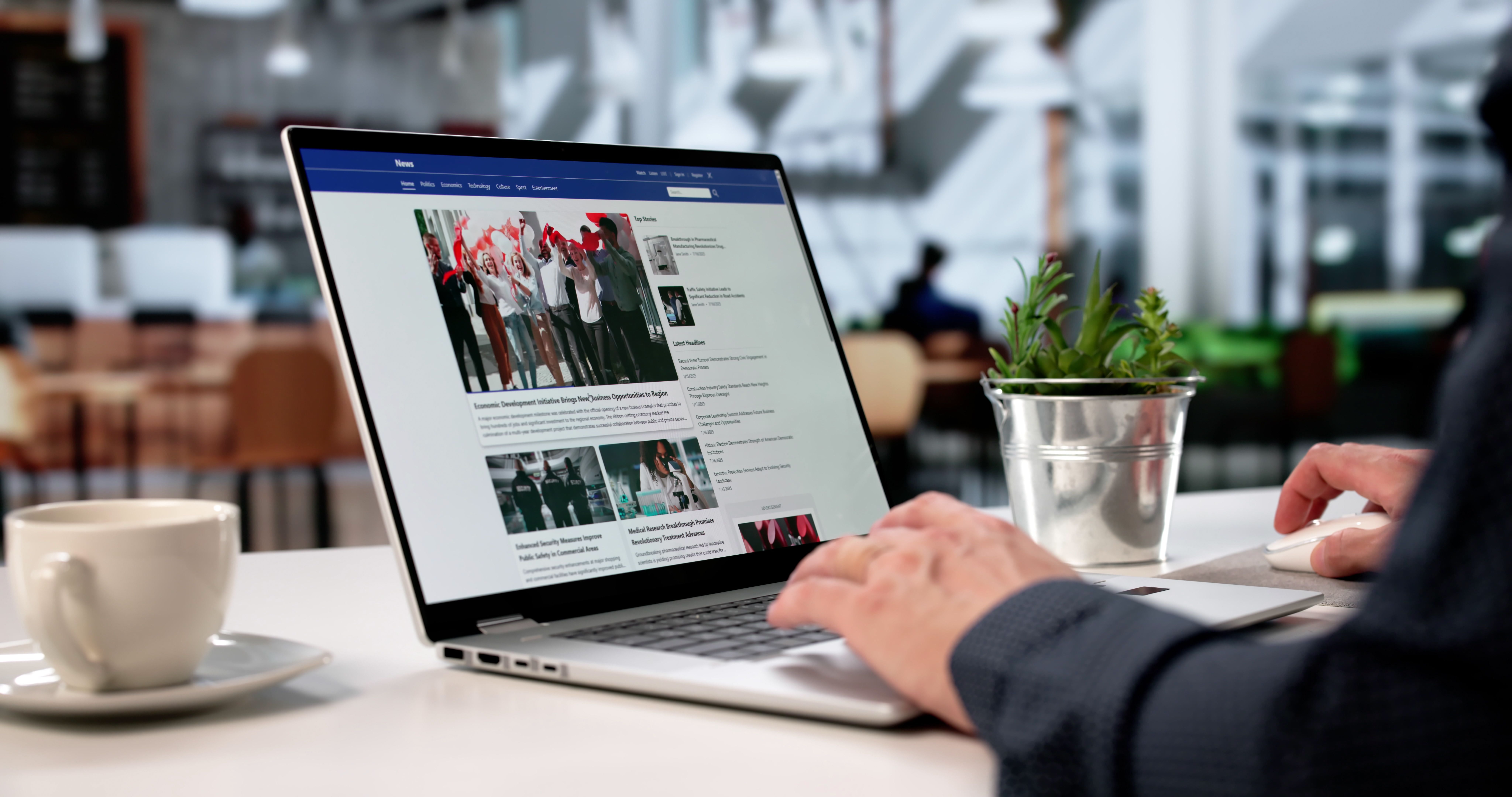 Person liest Nachrichten auf einem Laptop in einem modernen Café, daneben eine Tasse und eine Pflanze.