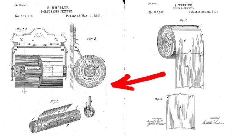Original-Zeichnungen in Wheelers Patenten (1891) zeigen die vorgesehene Richtung des Klopapiers.