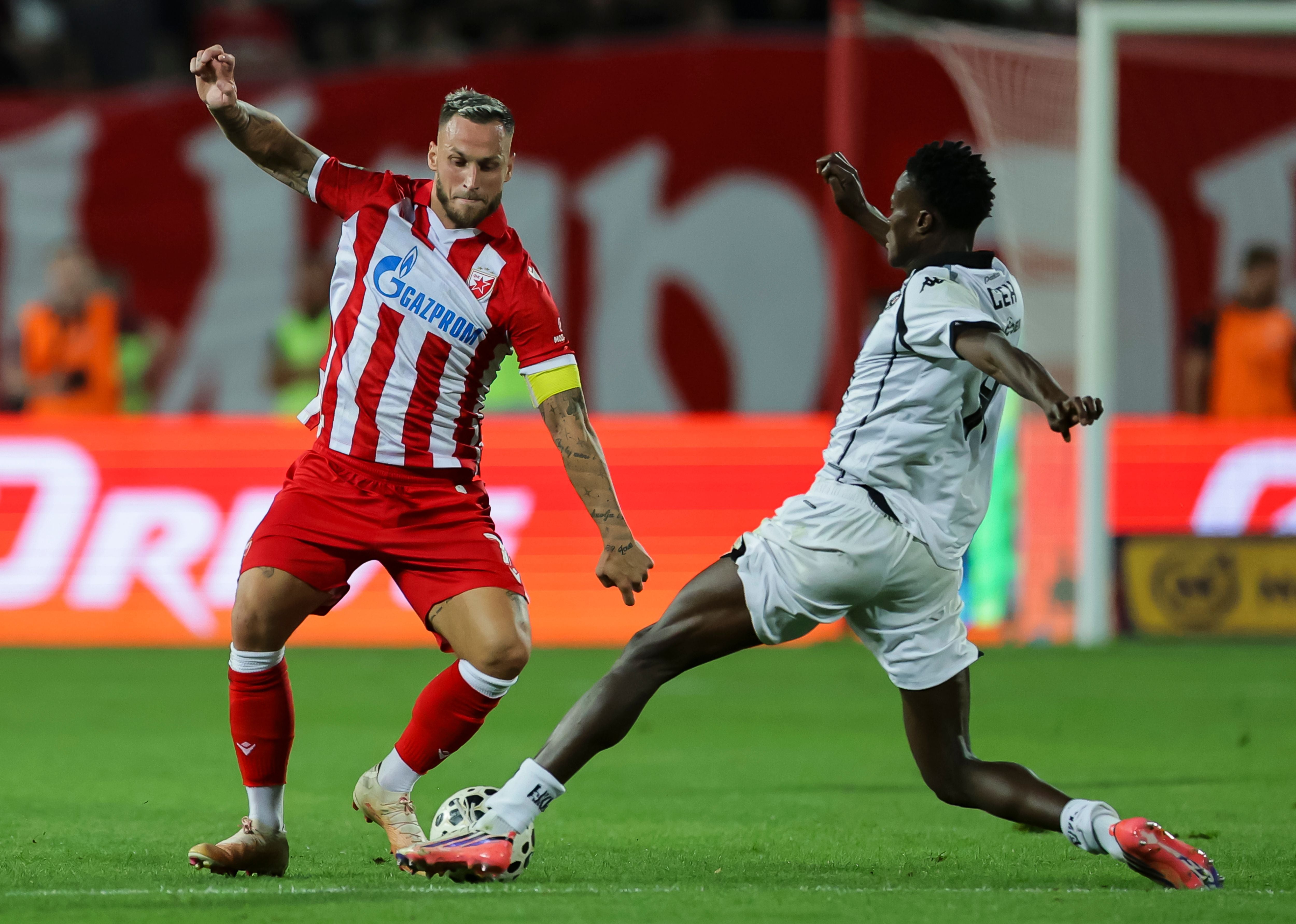 BELGRADE, SERBIA - SEPTEMBER 06: Marko Arnautovic (L) of Crvena Zvezda in action against Demba Seck (R) of Partizan during the Super league season 2026/2027 match between Crvena Zvezda and Partizan at Rajko Mitic Stadium on September 06, 2026 in Belgrade, Serbia. (Photo by Srdjan Stevanovic/Getty Images)