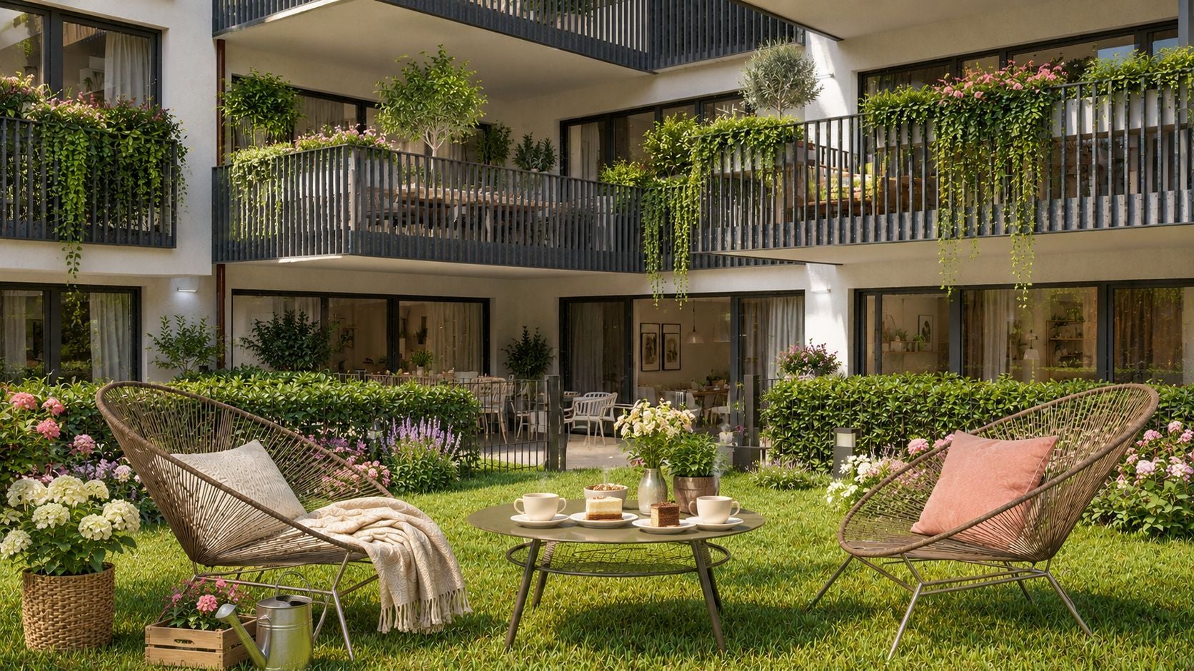 Gemütliche Sitzgruppe im Garten eines modernen Wohnhauses mit vielen Blumen und Balkonen.