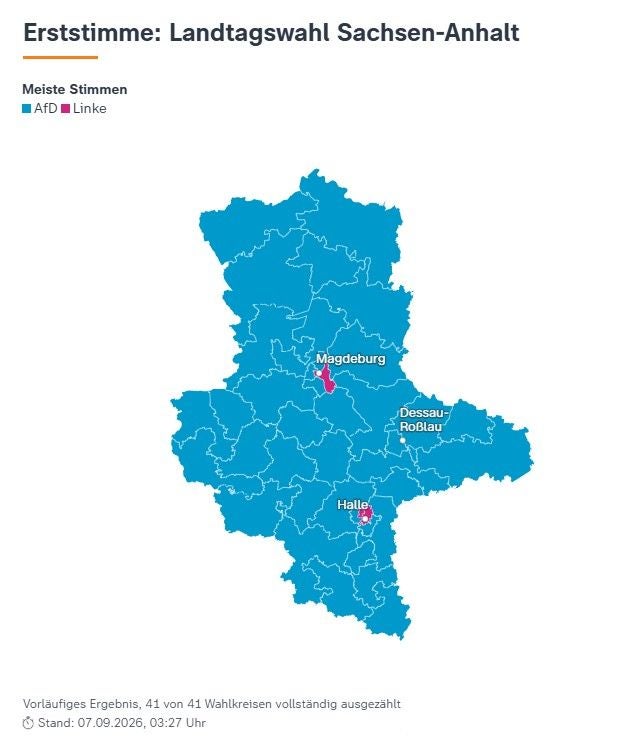 Wahlkarte Sachsen-Anhalt: AfD überall führend, Linke nur in Magdeburg und Halle vorn.