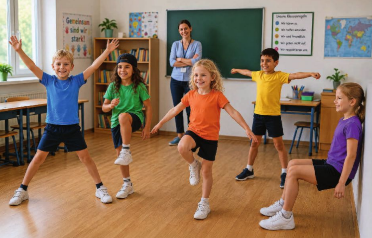 Fünf Kinder machen Sportübungen im Klassenzimmer, eine Lehrerin beobachtet sie lächelnd.