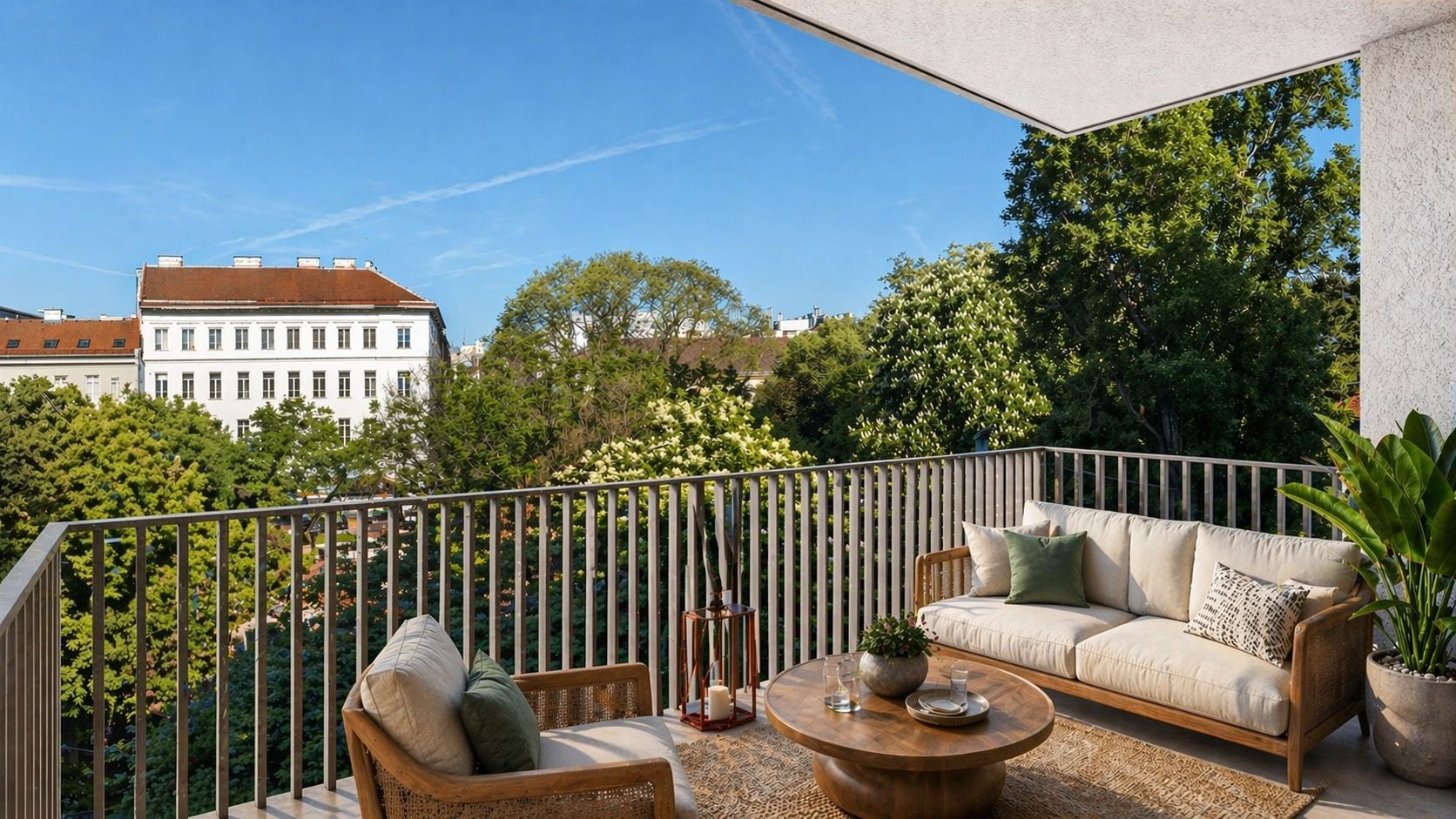 Moderne Balkonterrasse mit Sitzgarnitur, Holztisch, Pflanzen und Ausblick auf Bäume und Gebäude.