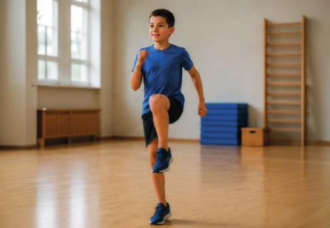 Junge macht Sportübungen in einer Turnhalle und hebt dabei ein Knie an.