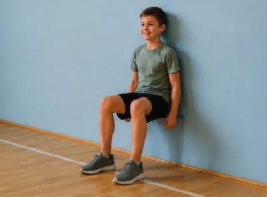 Ein Junge macht eine Wand-Sitzübung in einer Turnhalle und lächelt dabei.
