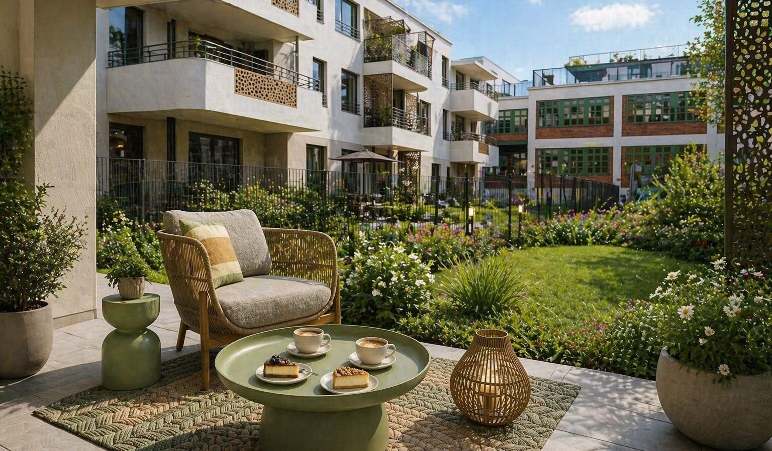 Gemütliche Terrasse mit Sessel, Kaffeetisch und Kuchen, umgeben von Blumen und modernen Wohnhäusern.