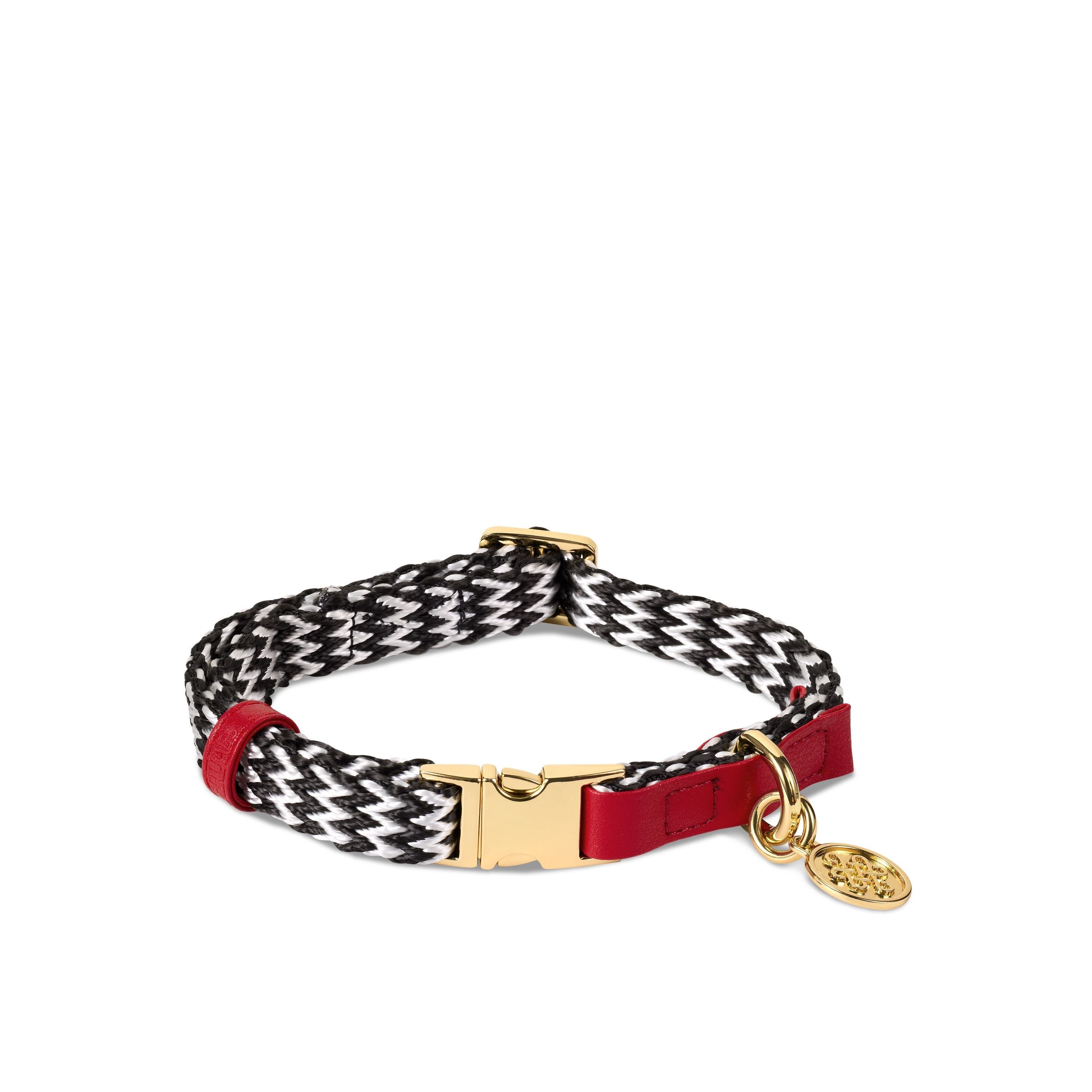Schwarz-weißes Hundehalsband mit rotem Lederdetail und goldenem Verschluss sowie Anhänger.