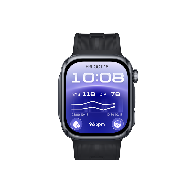 Schwarze HUAWEI WATCH D3 zeigt Uhrzeit, Datum und Gesundheitsdaten auf dem Display.