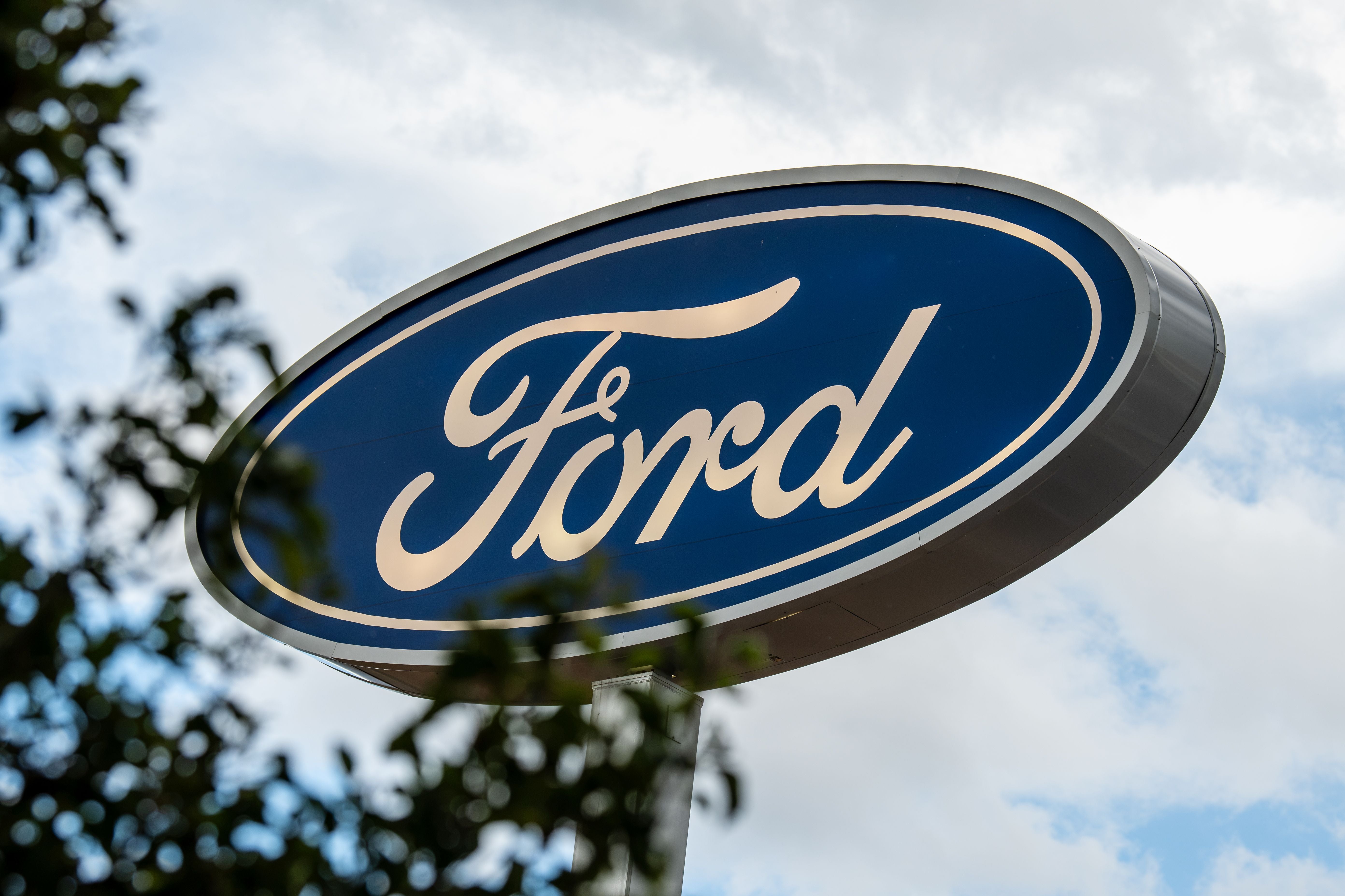 Das Ford-Logo auf einem großen, ovalen Schild vor wolkigem Himmel und Ästen im Vordergrund.