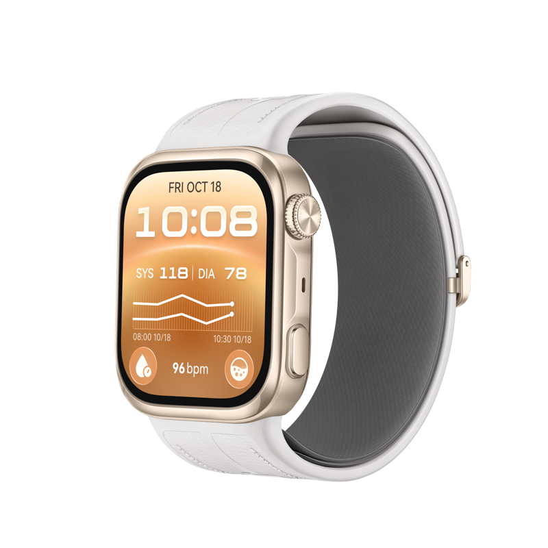 HUAWEI WATCH D3 mit weißem Armband und Gesundheitsdaten auf dem Display.