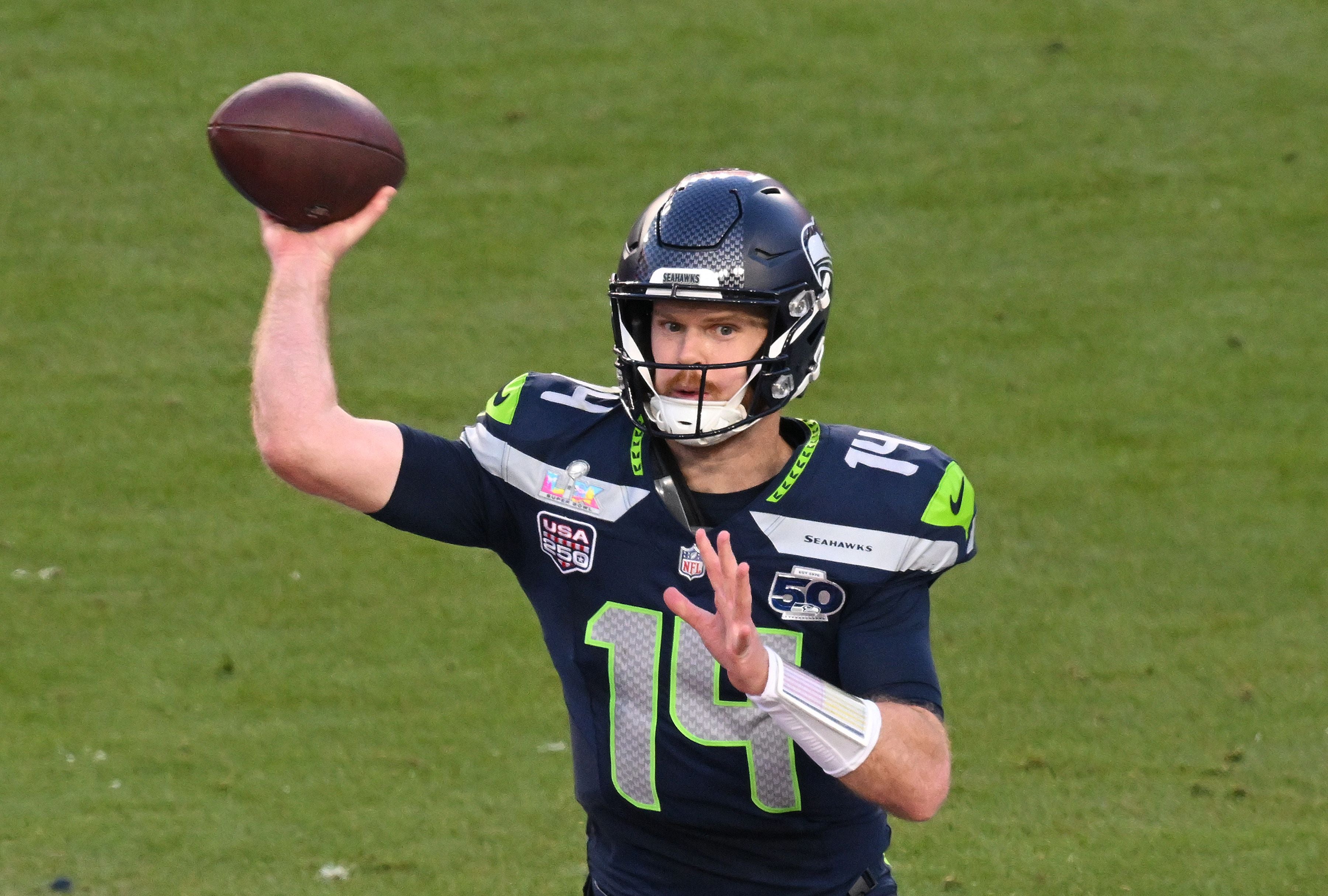 SANTA CLARA, CALIFORNIA - FEBRUARY 08: Sam Darnold #14 of the Seattle Seahawks throws a pass against the New England Patriots during the second quarter in Super Bowl LX at Levi's Stadium on February 08, 2026 in Santa Clara, California. (Photo by Focus on Sport/Getty Images)