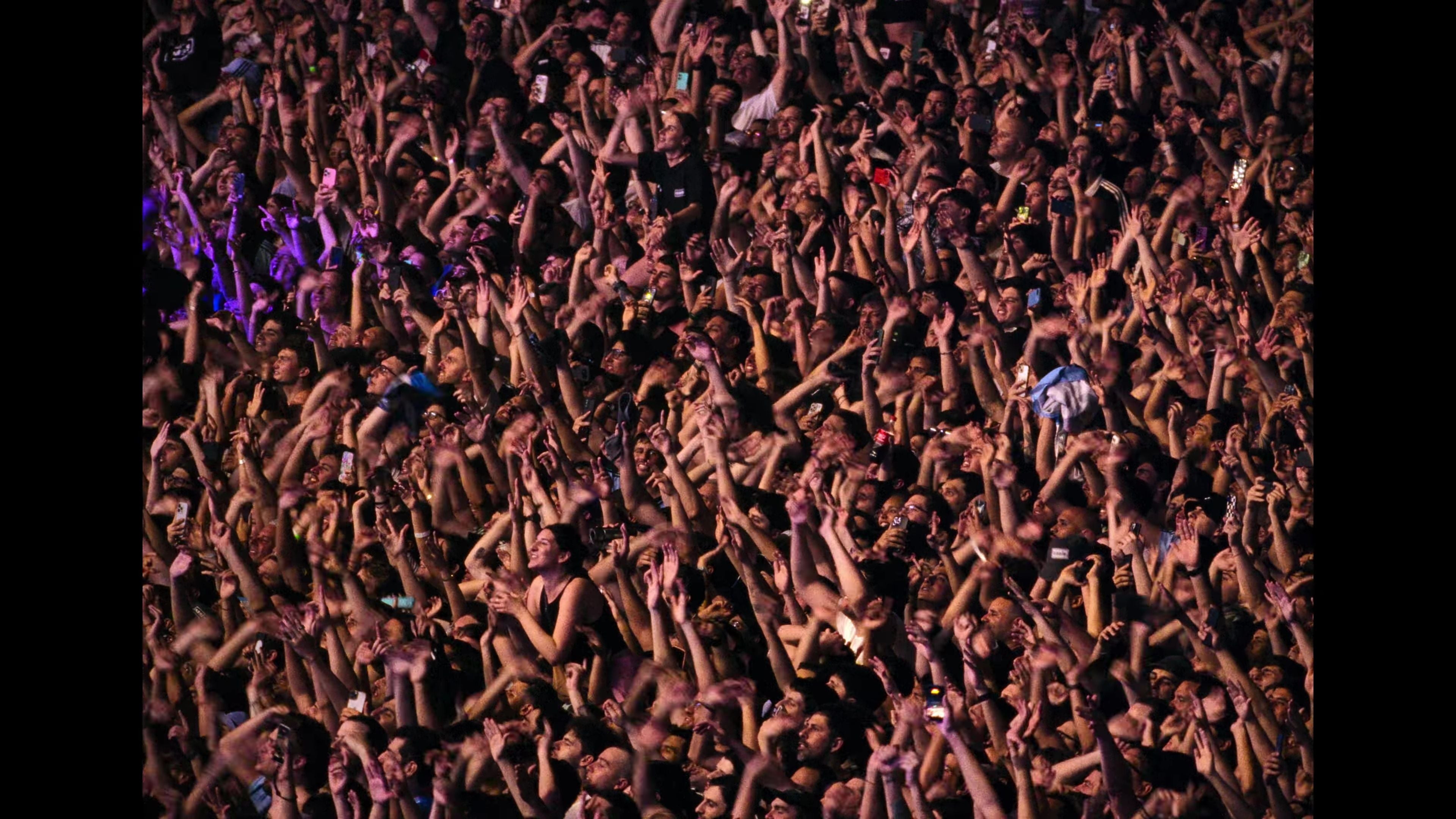 Menschenmenge jubelt und hebt die Hände bei einem Konzert oder Festival.