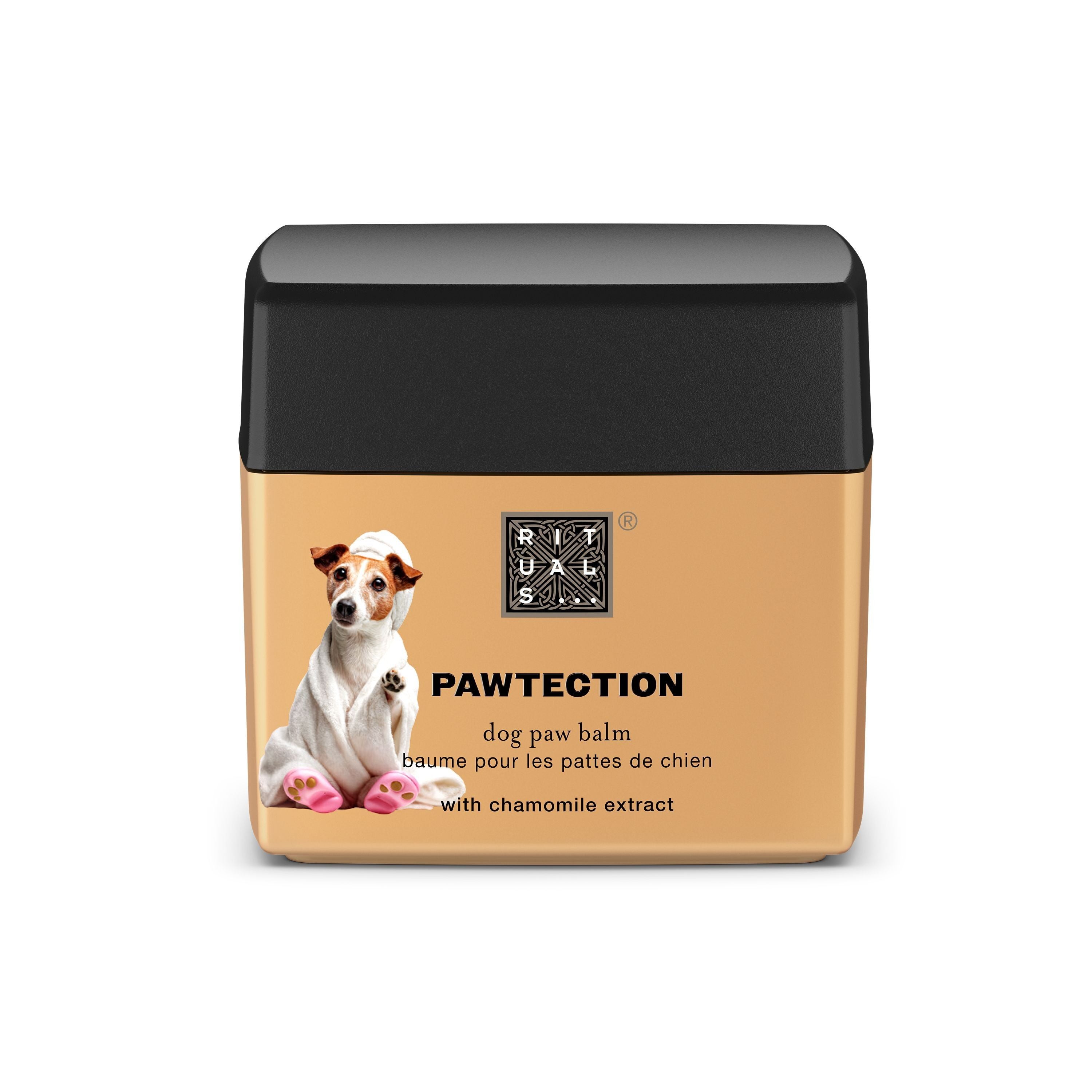 Beige Dose Rituals "Pawtection" Pfotenbalsam mit Hund im Bademantel auf dem Etikett.