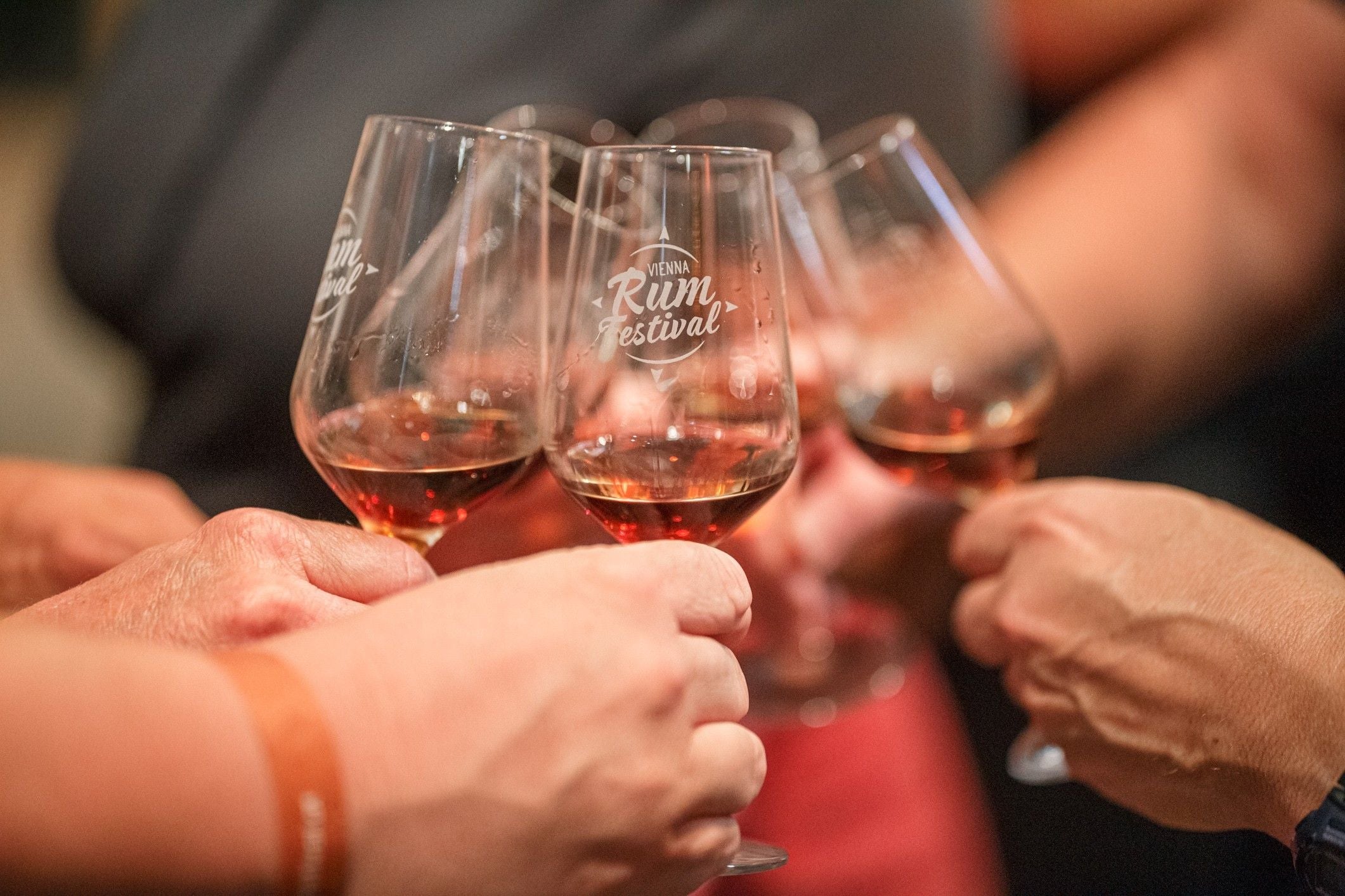 Mehrere Menschen stoßen beim Vienna Rum Festival mit Rumgläsern an.