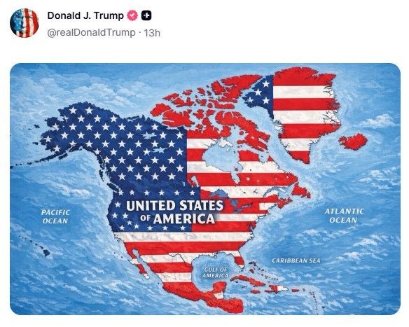 Karte Nordamerikas mit US-Flagge über dem gesamten Kontinent und Text „United States of America“.