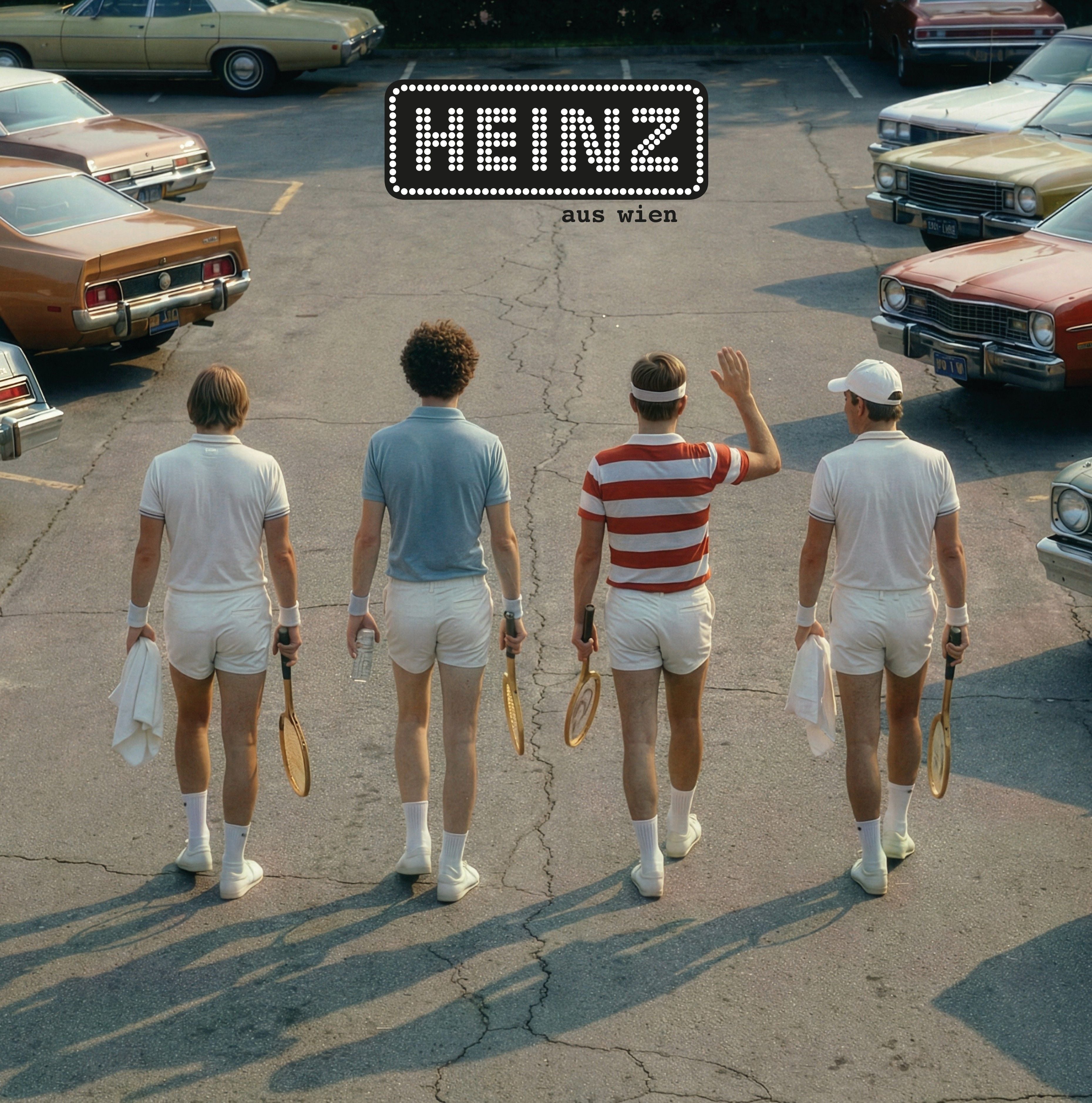Vier Tennisspieler gehen auf einem Parkplatz, Text „HEINZ aus wien“ oben im Bild.