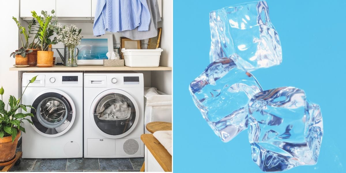 Waschmaschine und Trockner links, drei Eiswürfel auf blauem Hintergrund rechts.
