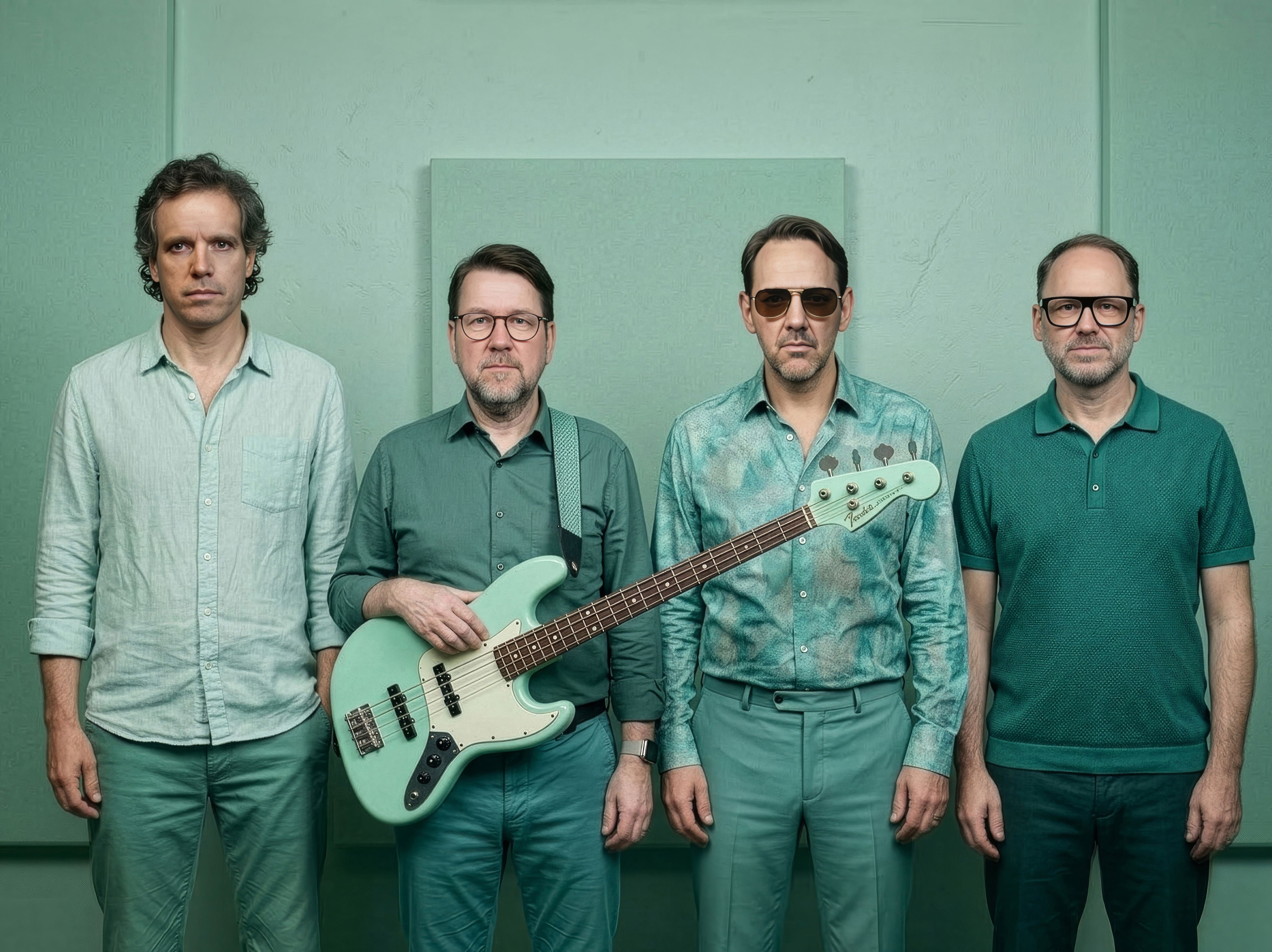 Vier Männer in grüner Kleidung posieren vor einer grünen Wand, einer hält einen E-Bass.