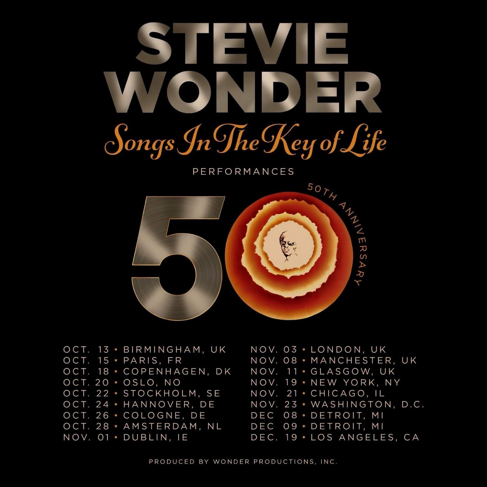 Tourplakat für Stevie Wonders 50. Jubiläum von „Songs In The Key of Life“ mit Daten und Städten.