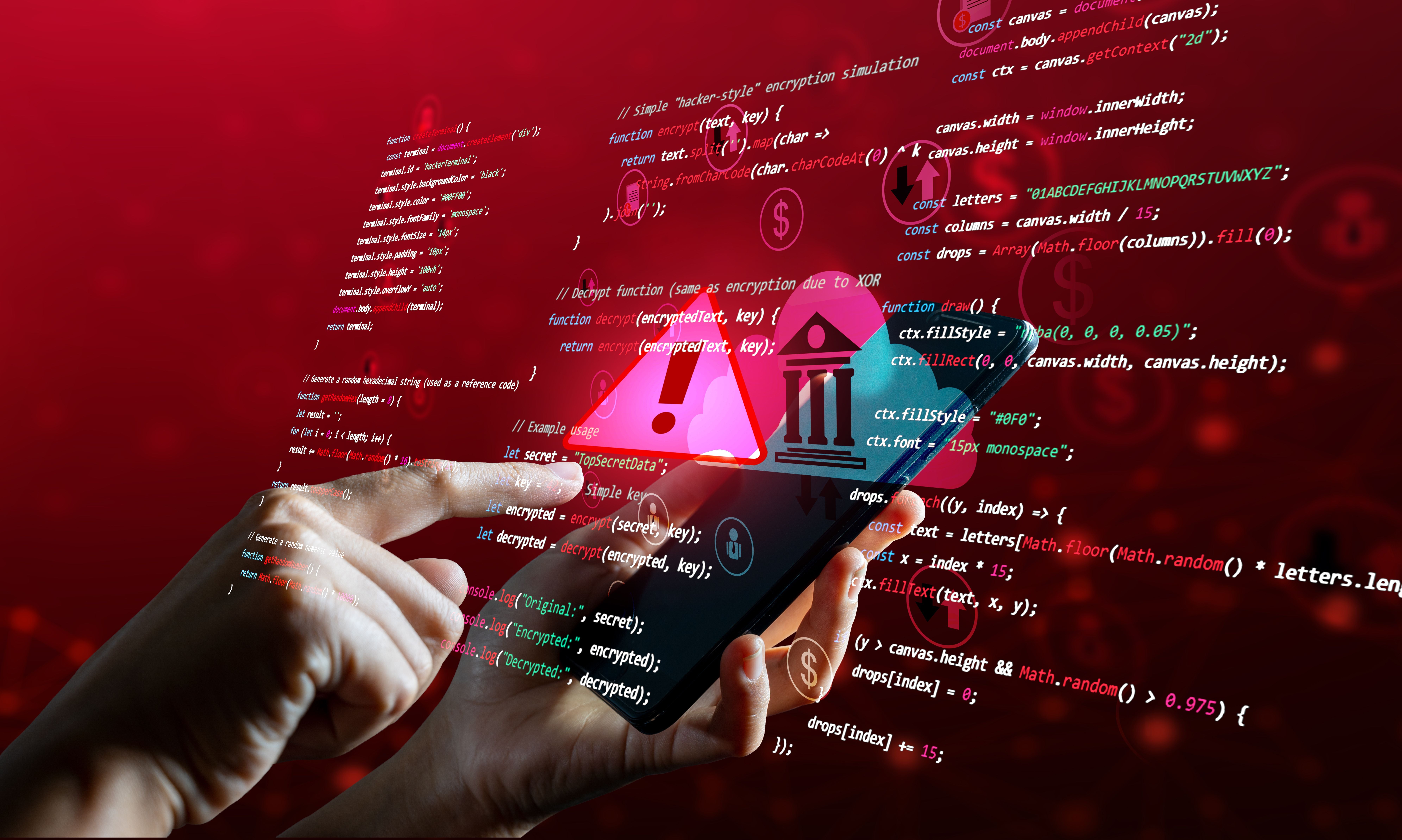 Hand hält Smartphone mit Warnsymbol und Programmiercode, Thema Cyberkriminalität und Online-Betrug.