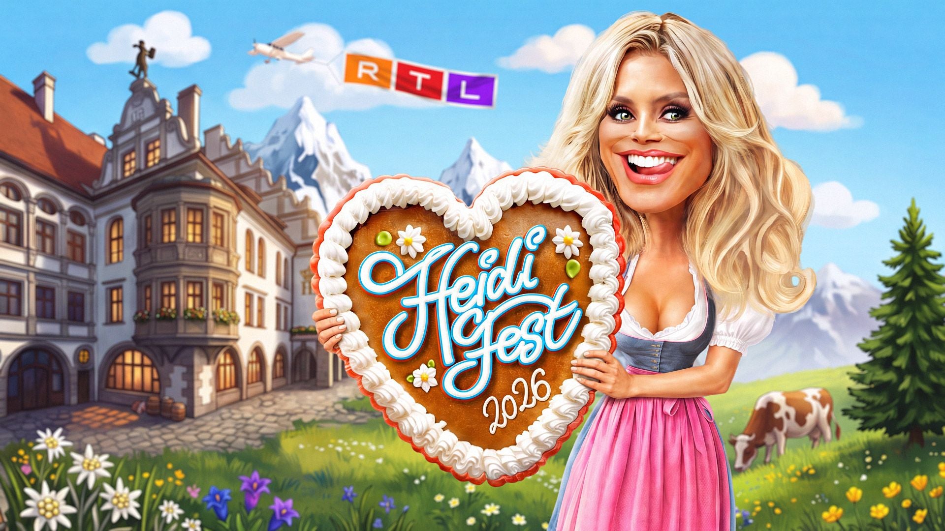 Karikatur einer Frau im Dirndl hält ein Herz-Lebkuchen mit „Heidi Fest 2026“ vor Alpenkulisse.