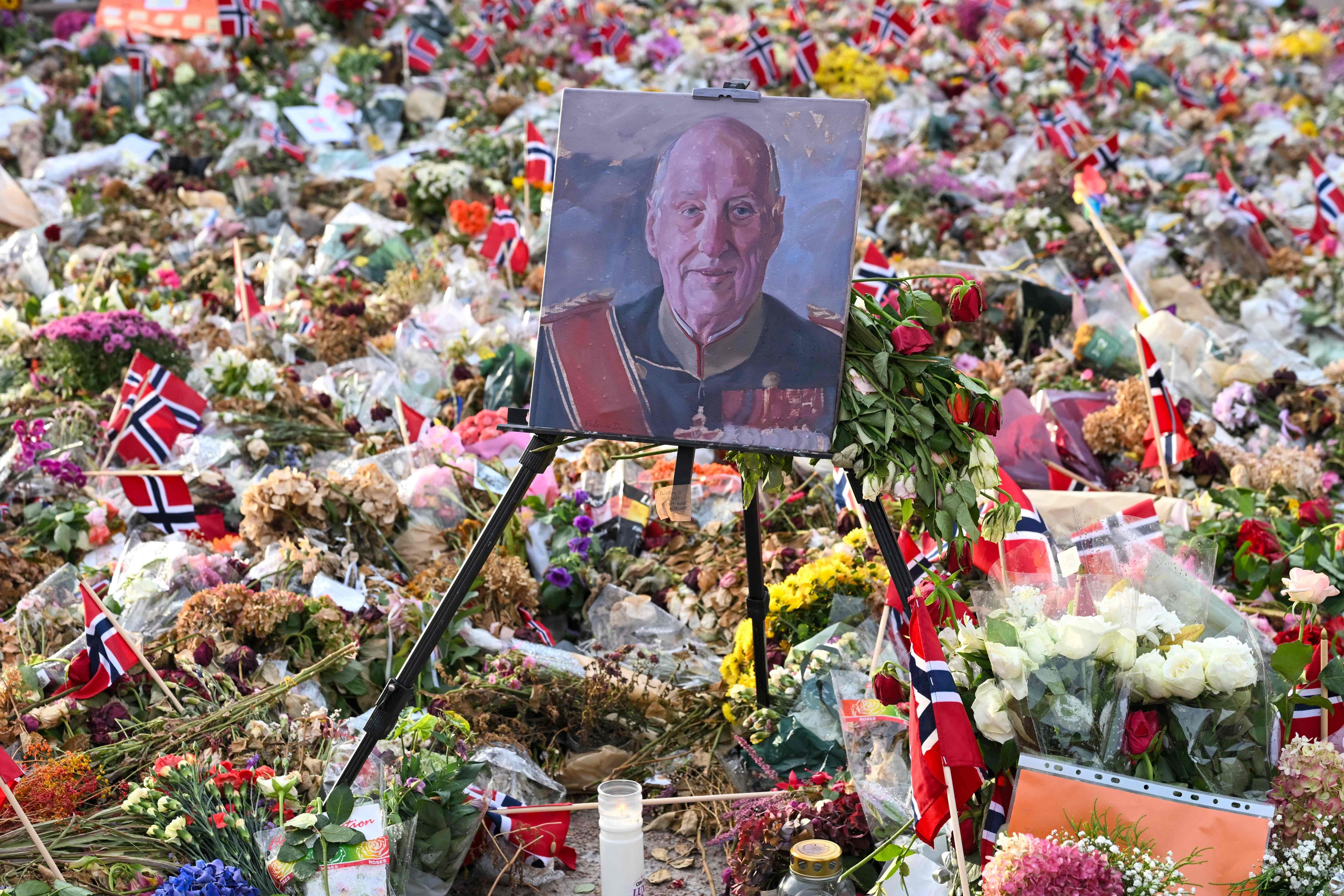 Ein Porträt von König Harald V. von Norwegen steht zwischen Blumen und norwegischen Fahnen.
