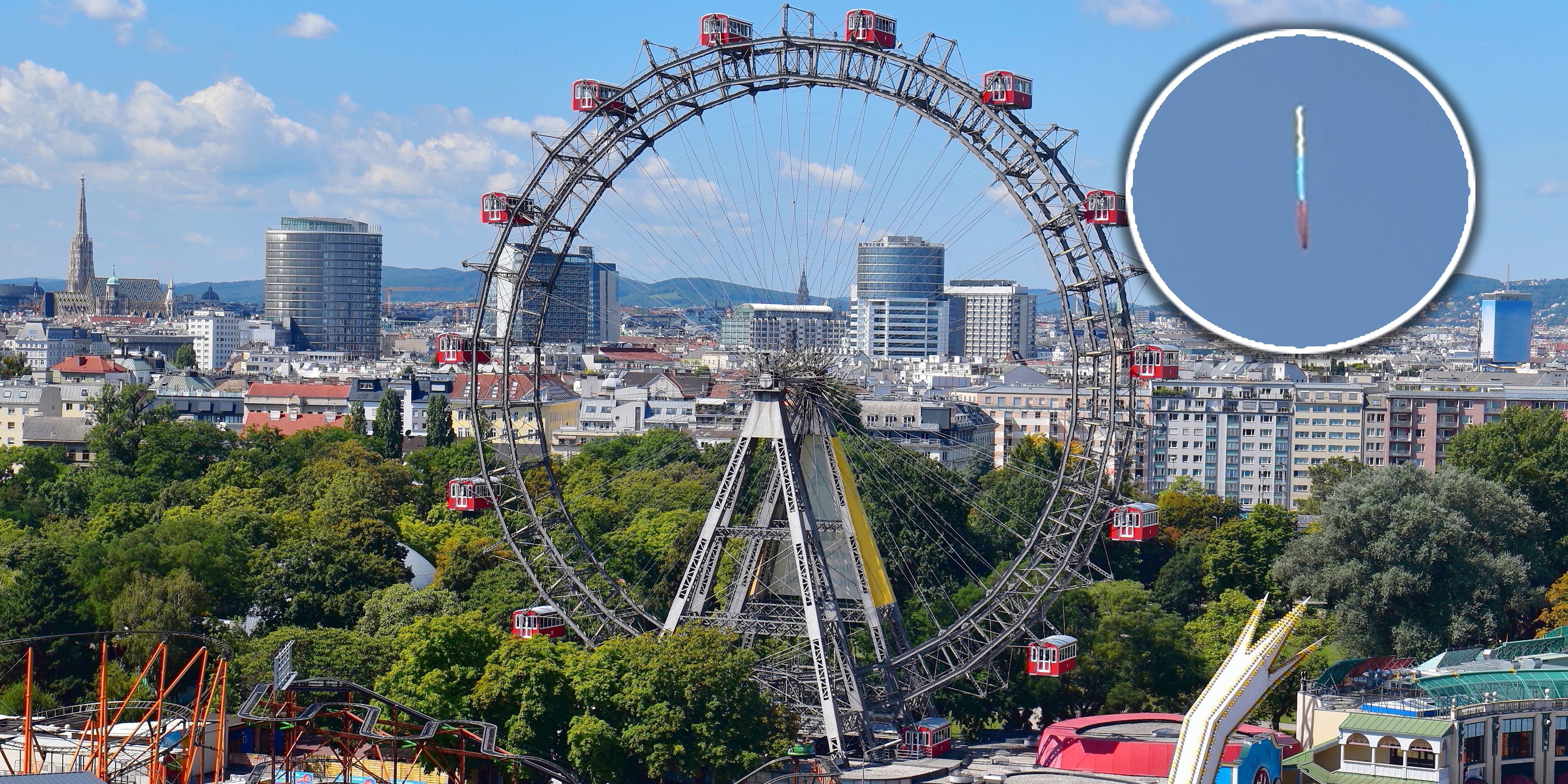 Das Riesenrad im Wiener Prater mit Stadtpanorama und einer Nahansicht eines Fahrgeschäfts im Himmel.