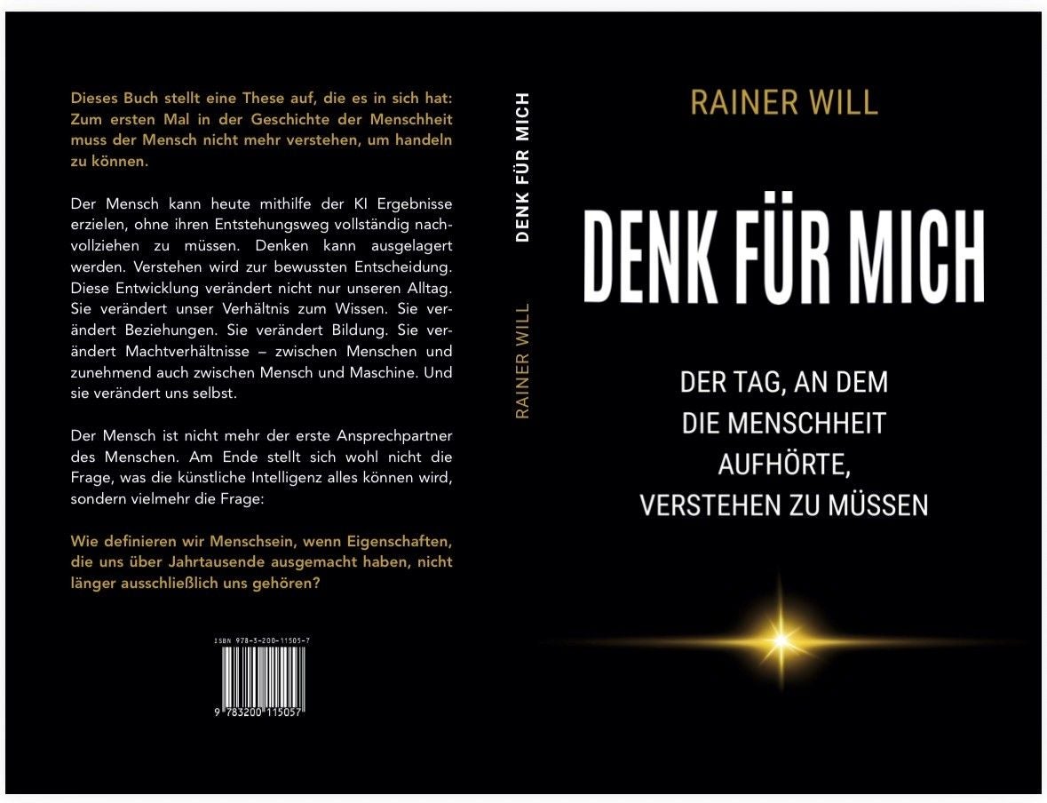 Buchcover von "Denk für mich" von Rainer Will mit schwarzem Hintergrund und weiß-gelber Schrift.