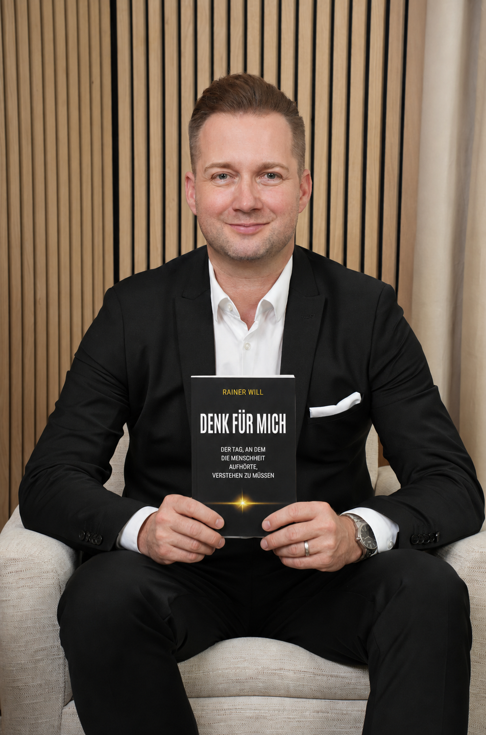 Mann im Anzug hält das Buch „Denk für mich“ von Rainer Will und lächelt in die Kamera.