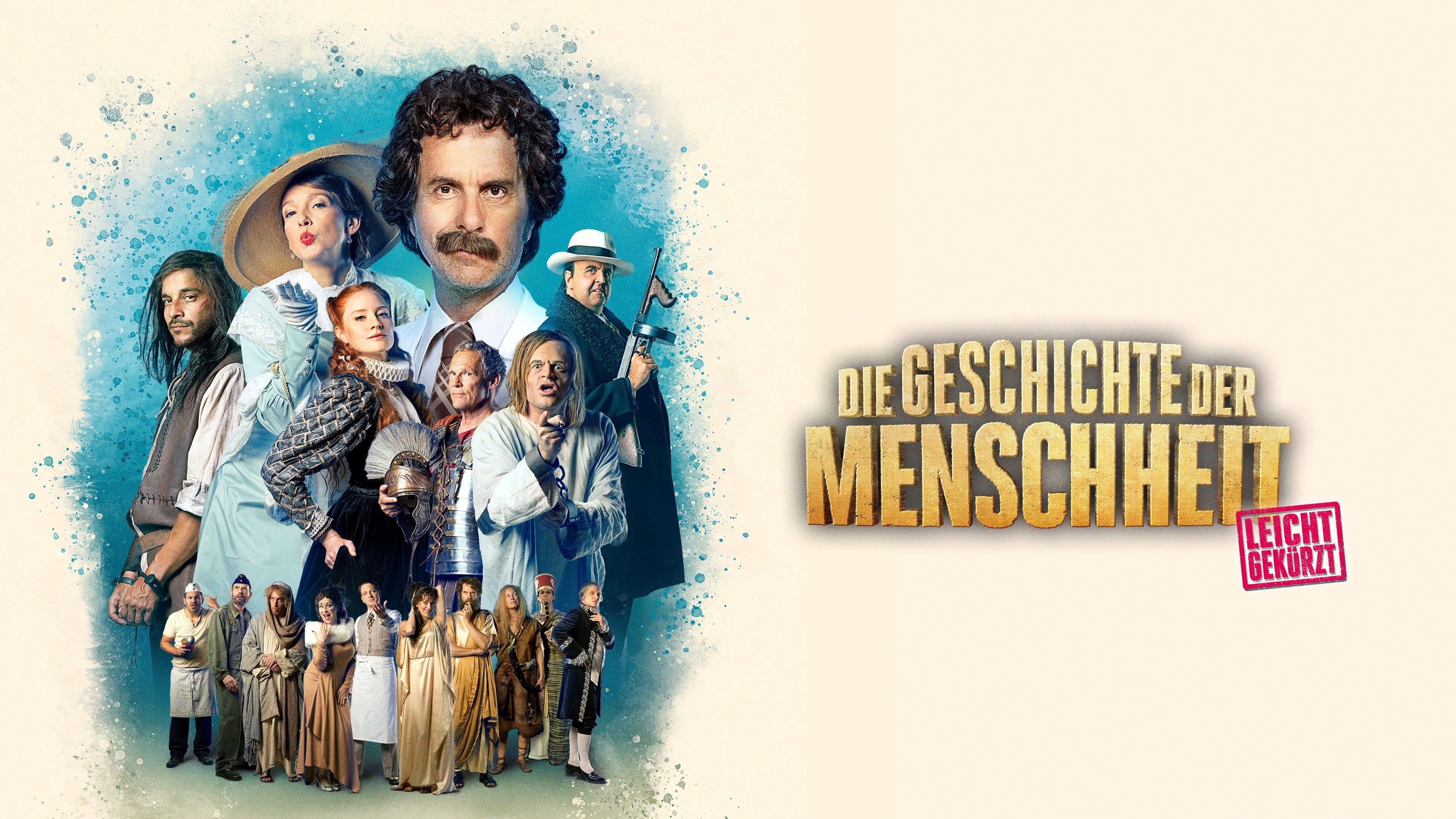 Filmplakat mit verschiedenen Personen in historischen Kostümen und dem Titel „Die Geschichte der Menschheit“.