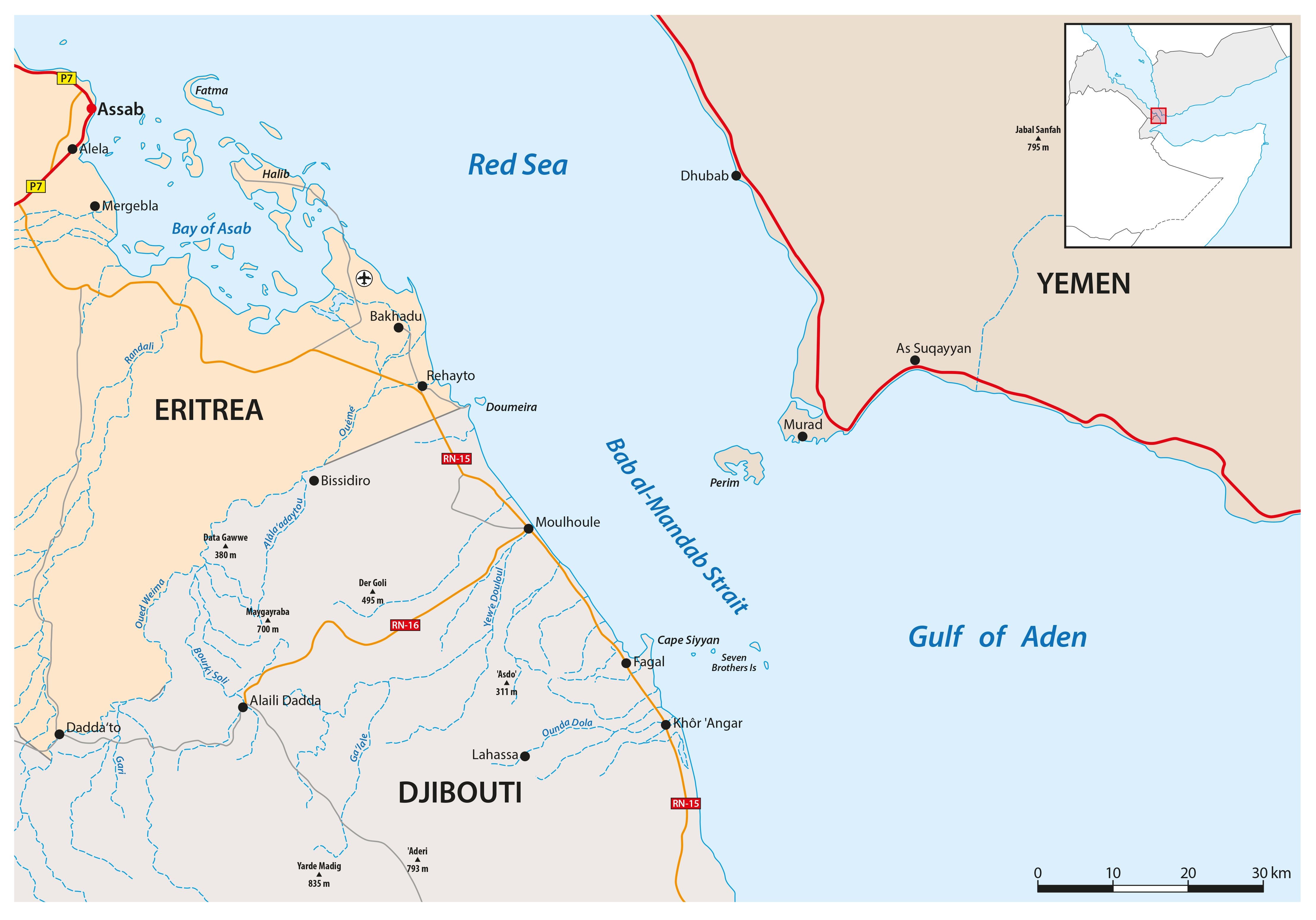Karte der Bab al-Mandab-Straße mit Teilen von Dschibuti, Eritrea und Jemen.