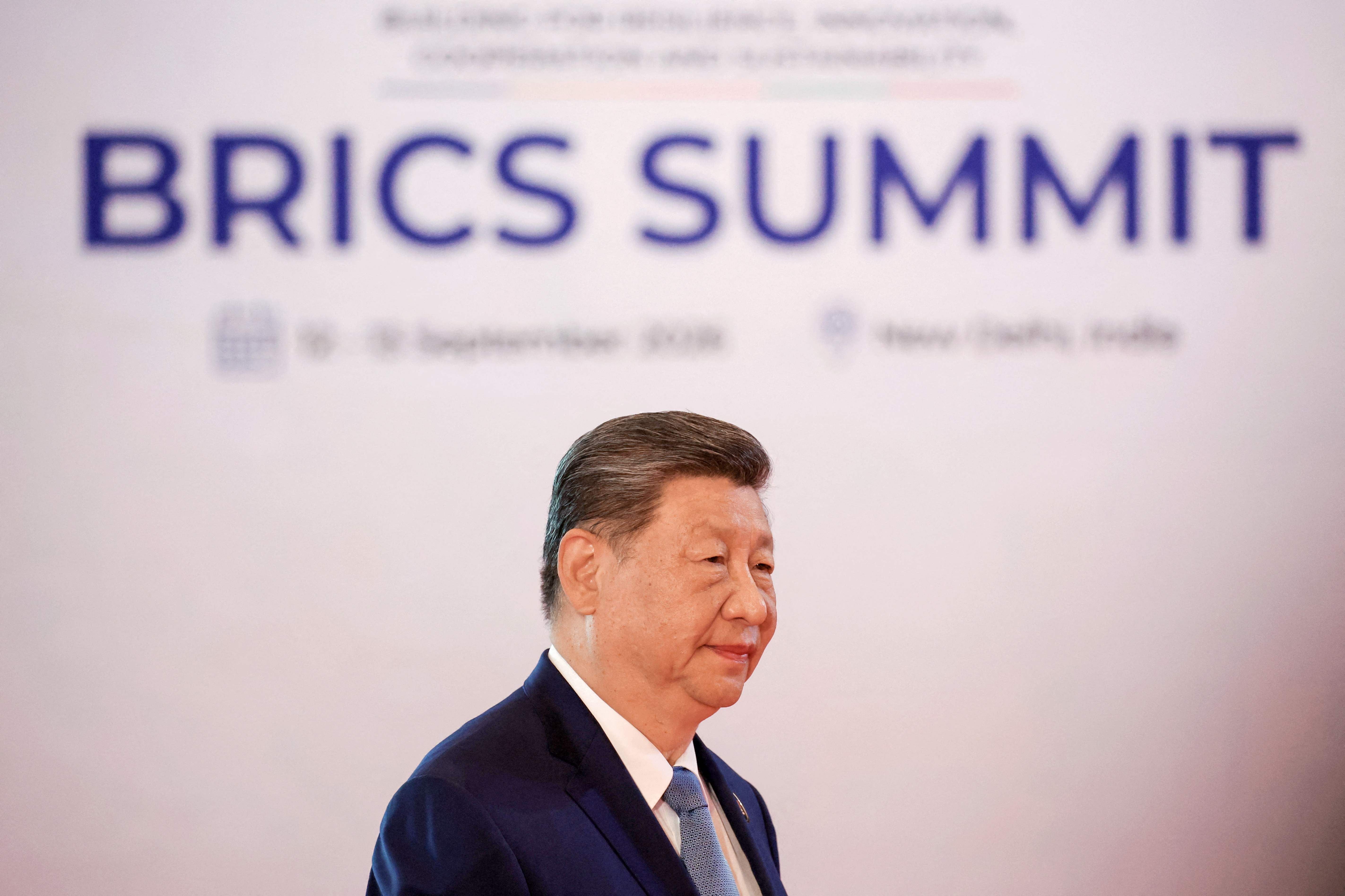 Ein Mann im Anzug steht vor einem Schild mit der Aufschrift "BRICS Summit".
