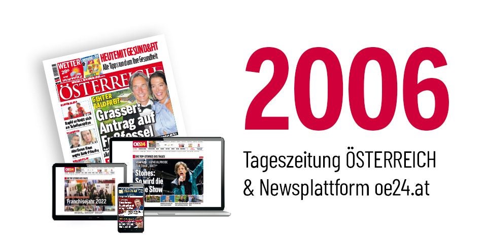 Zeitung „Österreich“ und Newsplattform oe24.at auf Laptop, Tablet und Smartphone, daneben „2006“.