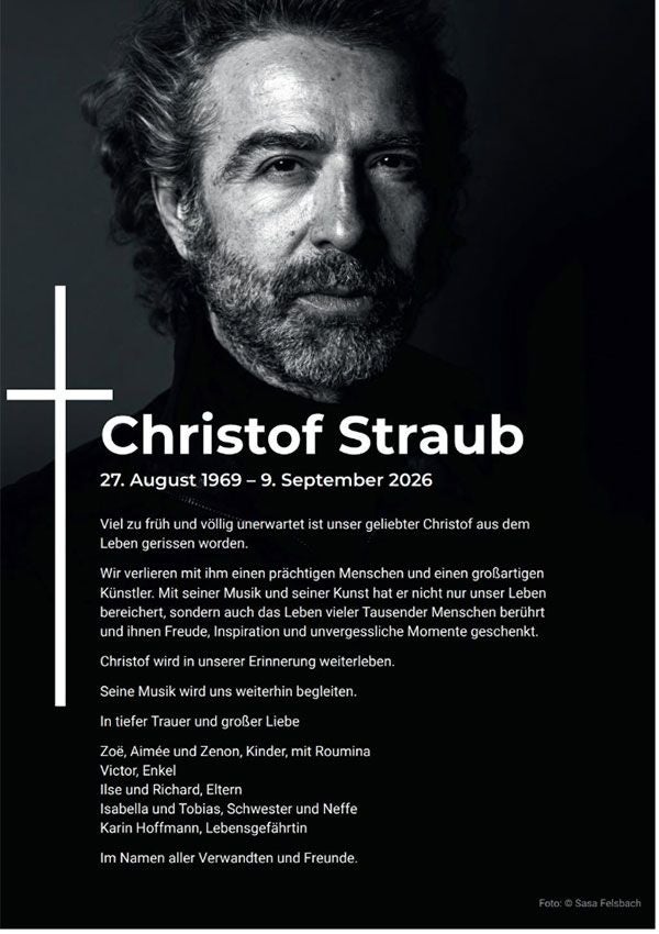 Traueranzeige mit Schwarzweißporträt von Christof Straub und Nachruftext auf dunklem Hintergrund.