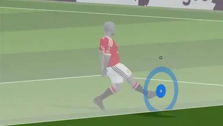 Eine 3D-Animationsgrafik des VAR-Systems zeigt die Fußstellung von Patrick Dorgu im roten Manchester-United-Trikot.