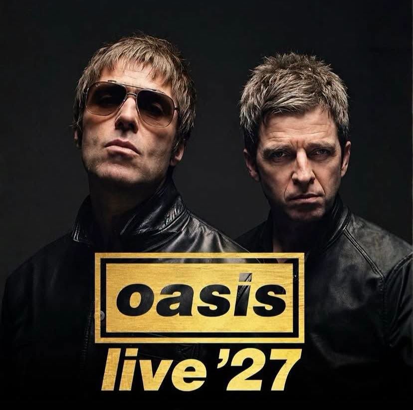 Zwei Männer in Lederjacken, darüber der Text „oasis live '27“ in gelber Schrift.