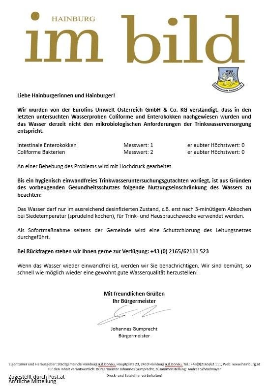 Informationsblatt zur Verunreinigung des Trinkwassers und Abkochgebot in Hainburg.