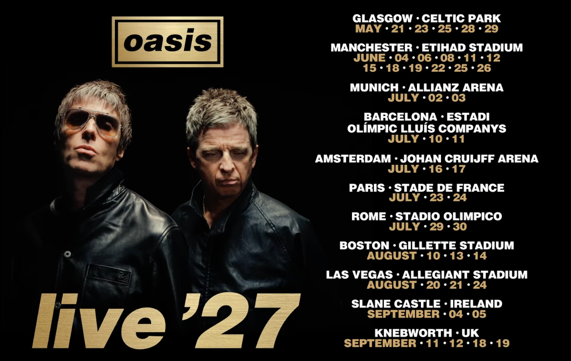 Zwei Männer in Lederjacken vor schwarzem Hintergrund mit Oasis-Tourdaten für 2027.
